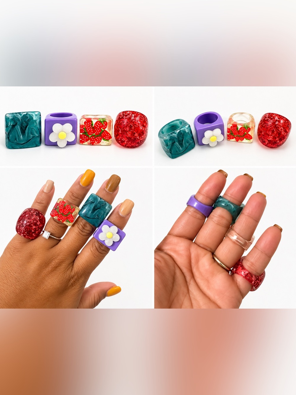 Y2K Chunky Resin Statement Rings Set of 4 – Strawberry Daisy Glitter & Marbled
